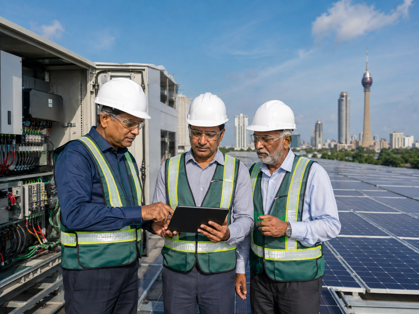 Professional solar engineers reviewing project plans