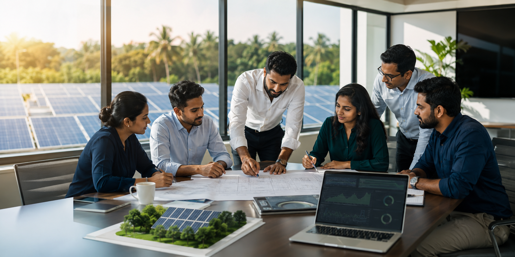 Renewable energy professionals collaborating on a solar project