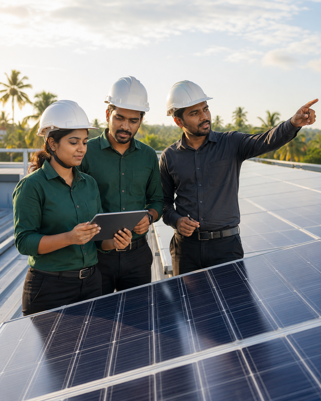 Solar engineering team inspecting a photovoltaic installation